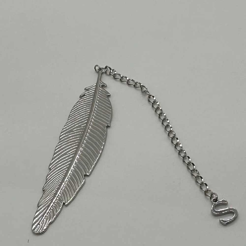 Silver Feather Bookmark with Initial S Letter Charm and Gift Box Accessory